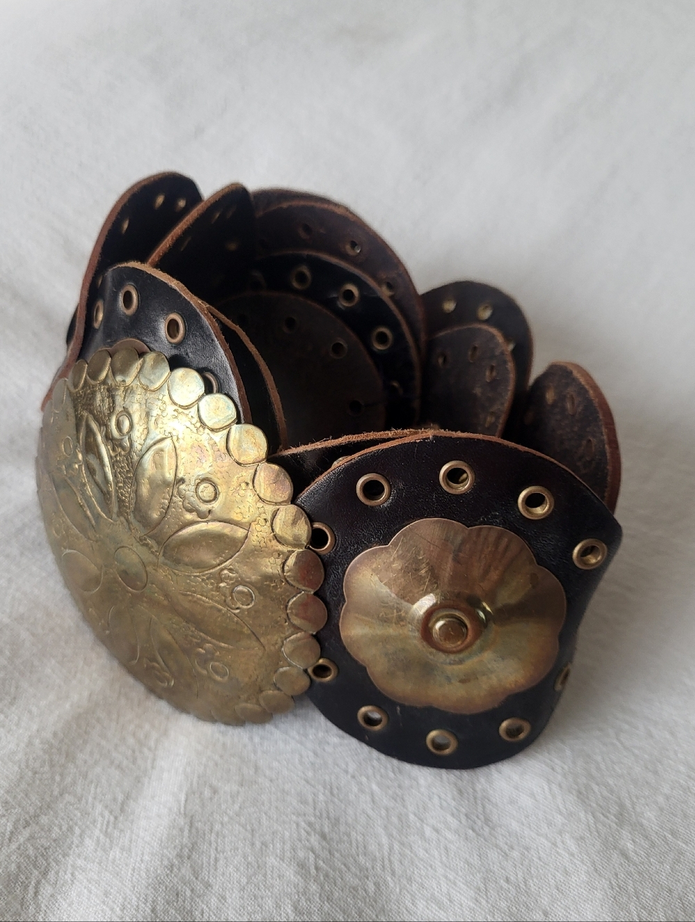 Bohemian Leather Belt Features Ornate Round Brass Buckle Gold-Tone Brass Discs